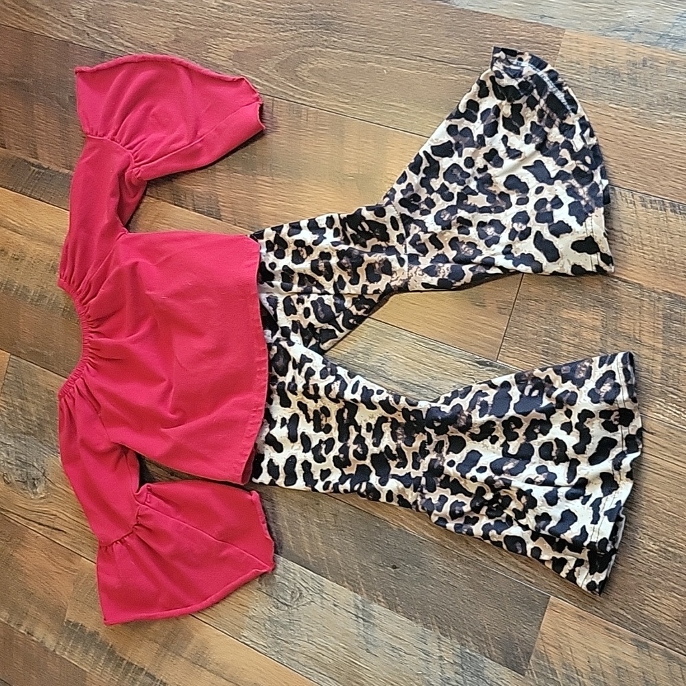 Red and leopard bell sleeve and pants